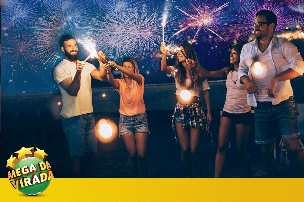 Imagen de la lotería Mega da Virada, con fondo verde y dorado, que destaca a un grupo de amigos celebrando la victoria al jugar Mega da Virada.
