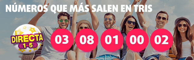 Números que menos salen en Tris: 06, 04, 07, 05, 09. Grupo de amigos al fondo de la tela celebrando con los brazos en alto.