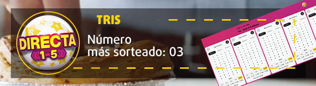 El número más sorteado de la lotería Tris es el 03. Banner con el logotipo de Directa en la esquina izquierda y la imagen de los boletos de lotería virtuales a la derecha.