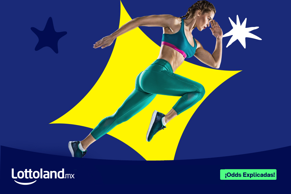 Mujer atlética en ropa deportiva color turquesa corriendo  con dinamismo sobre fondo azul marino con figura amarilla,  junto al logotipo de Lottoland.mx y el texto ¡Odds Explicadas!